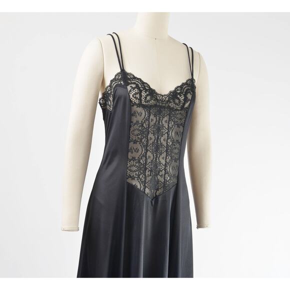 Vintage 80s Black Slip Sheer Lace Long Maxi Length Lingerie Dress M L - Picture 4 of 8